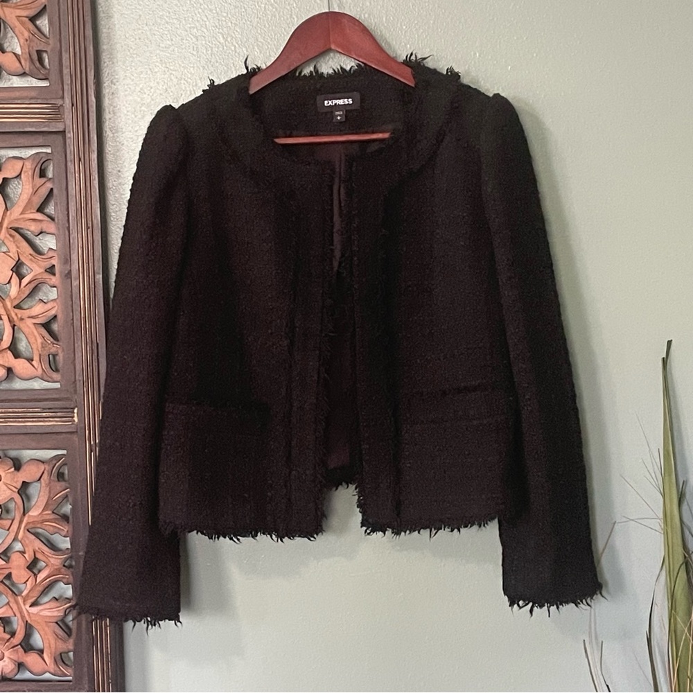 *Flash Sale* EXPRESS Women’s Puff Sleeve Boucle Blazer Black Sz L